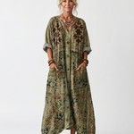 Aleta | Button Front Embroidered Oversized Pocket Midi Dress