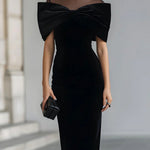 Regina ❘ Black Velvet Midi Dress with Dramatic Bow